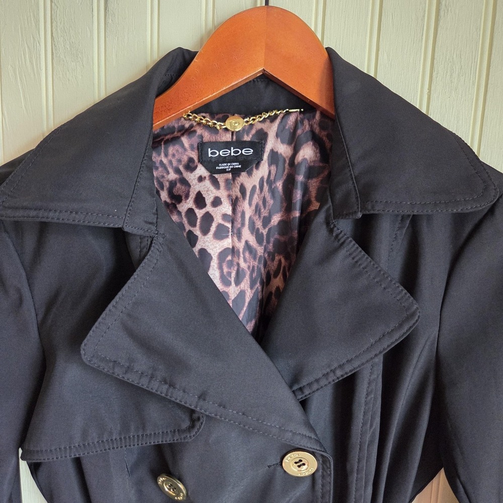 Bebe Coat Womens Petite Small Black Trench Leopard Lined Belted Gold Button
